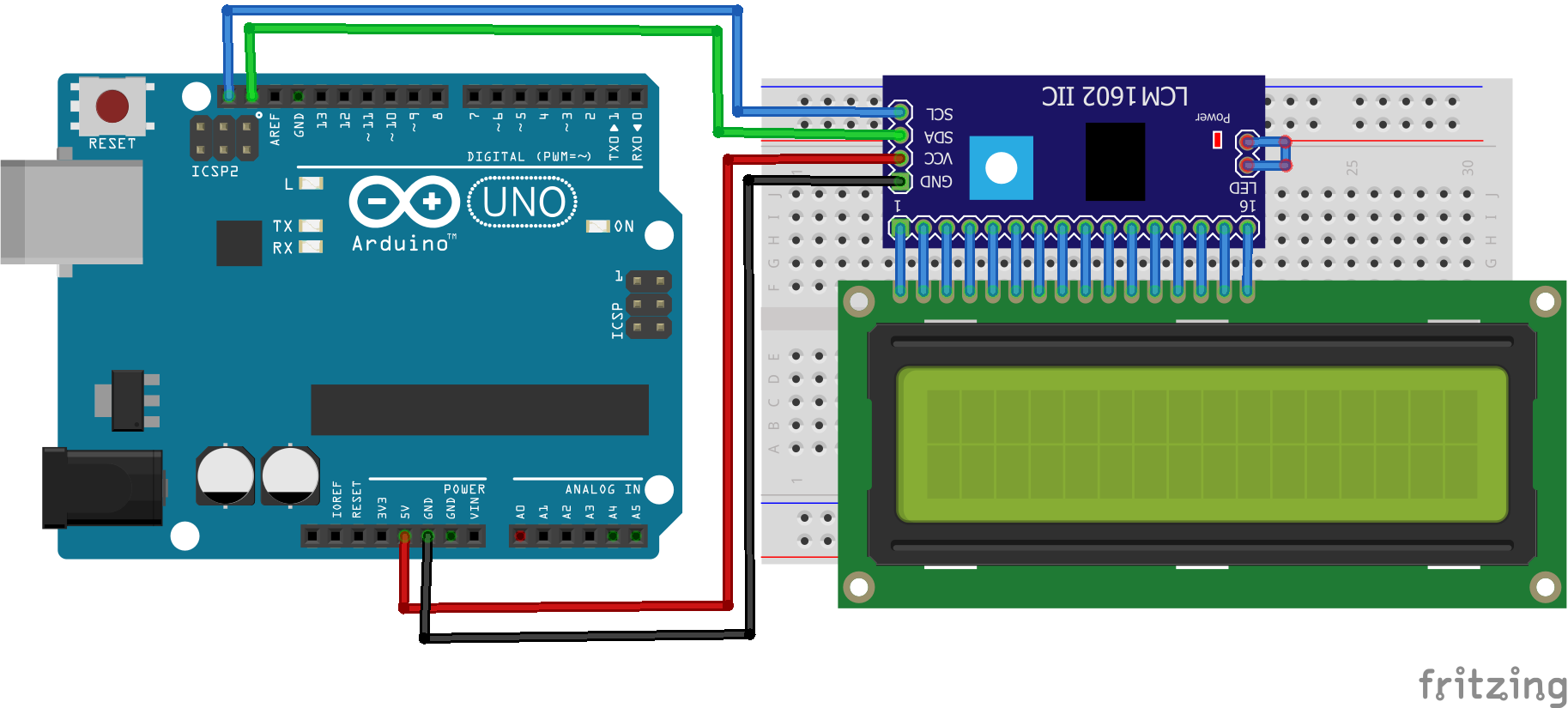Circuito display LCD de 16x2 com módulo I2C PCF8574T